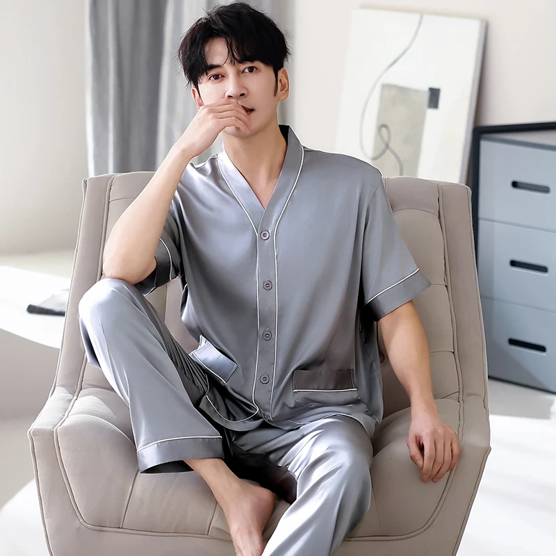 Silk satin men's short sleeved long pants pajamas set v neck cardigan men's pajamas for casual wear 2pcs/set pijamas hombre 4XL