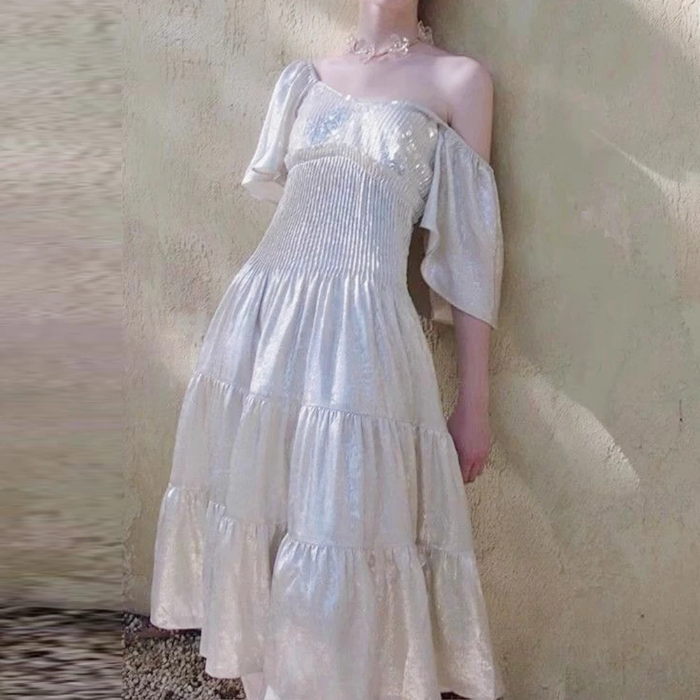 

Silver 2025 summer new shimmer bright silk splicing embroidered bead dress maxi dresses for women