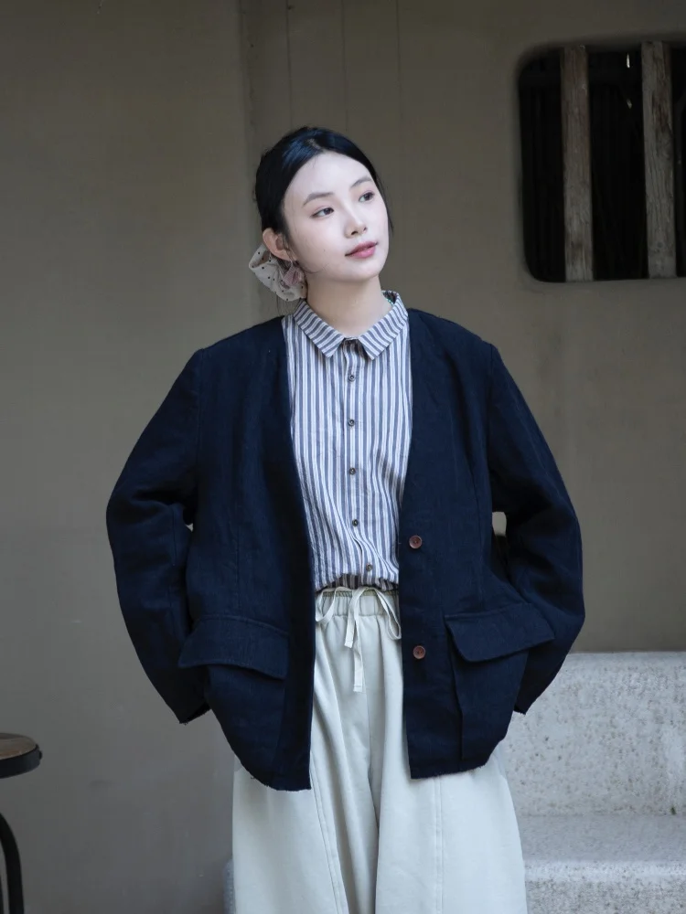 

Yuwenaci Original Women's Bla Linen Suit Jaet Loose Casual Versatile Women's Sle Double Slit ket Breathable