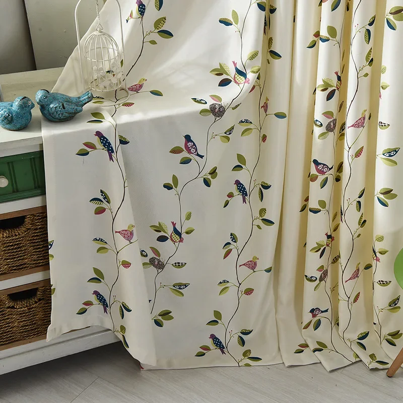 Pastoral Style Curtains for Living Room Customized Branch Birds Curtains Fresh Printed Tulle Shading Para Ventana for Bedroom