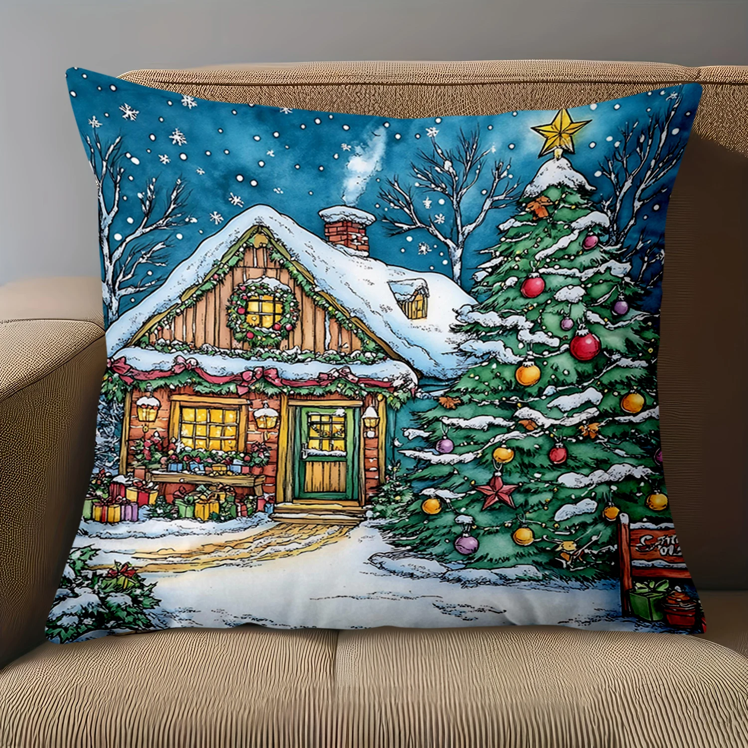 1 Pieces Christmas Cottage Pattern Decorative Throw Pillows Polyester pillowcase, sofa decorative cushion cov Headboard Pillow