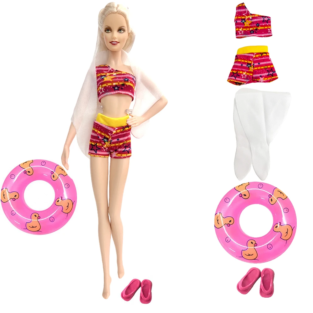 NK Official 3 Pcs/Set Swimsuit Bikini  Beach Clothes + 1x Random Swim Ring + 1x Slippers Swimwear  for Barbie Doll Accessories