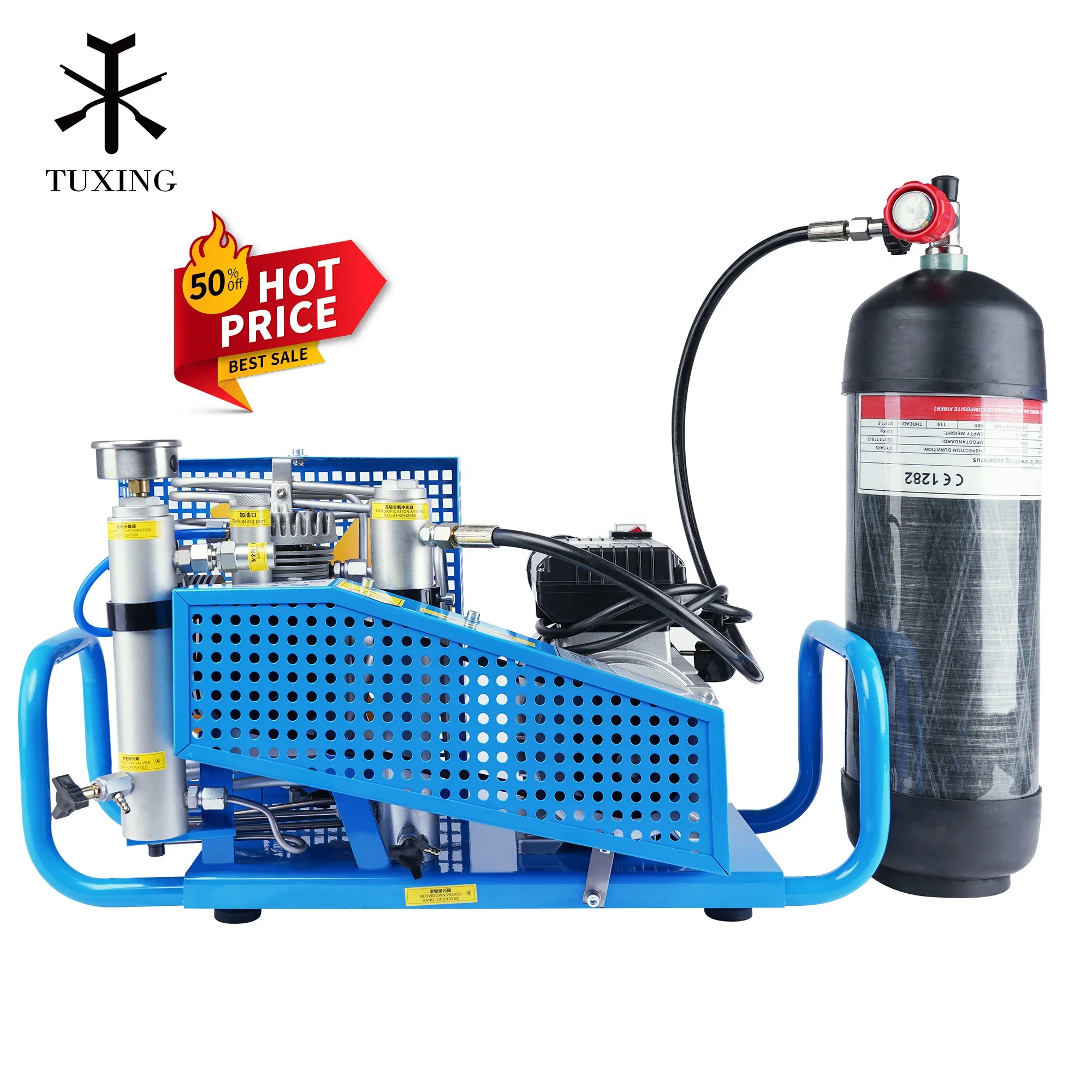 

TUXING Hot Sale High Pressure 100lpm 300bar 4500psi Auto Stop Four Cylinder Firefighting Breathing Scuba Diving Air Compressor