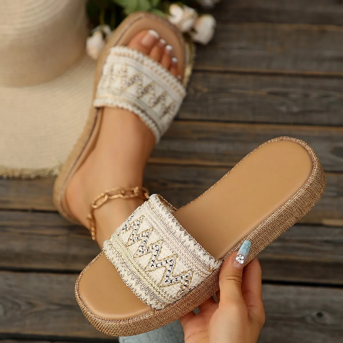 

Плетеные женские тапочки, обувь на платформе для новых пляжных повседневных сандалий на каблуке, богемные женские эспадрильи ручной работы