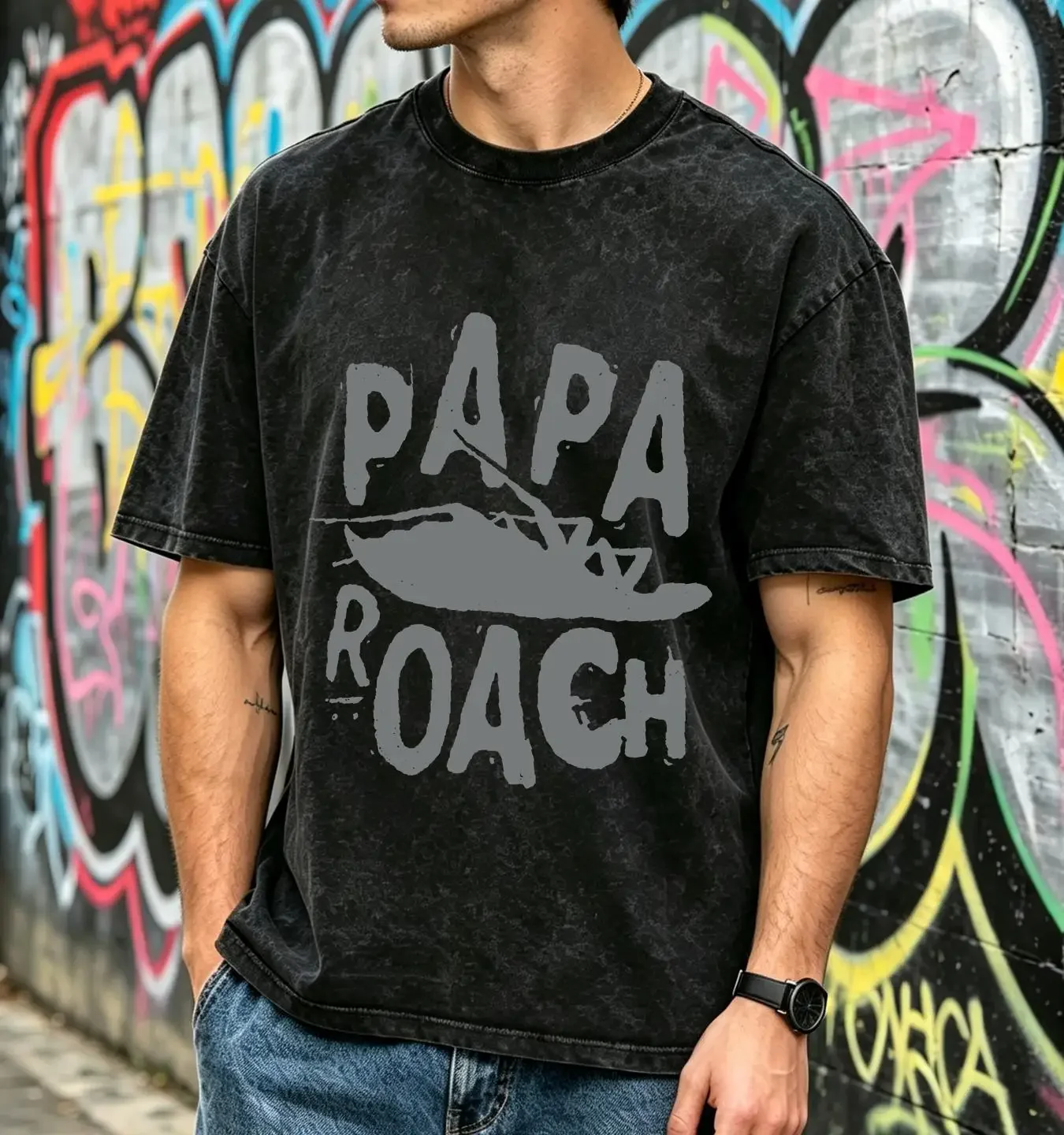 washed T Shirt Papa Roach Classic Logo Rock Band vintage Washed Slightly Stretched fashion Stylish streetwear Casual graphic
