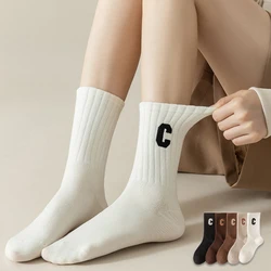 5Pairs Women's Letter C Pattern Solid Sport Crew Socks Casual Simple Sports Breathable Mid Tube Sock Comfortable Soft Middle Sox