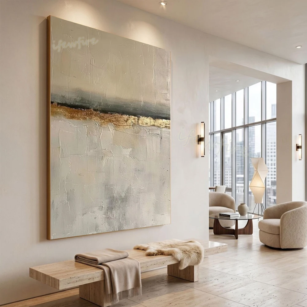 Pop Modern Abstract Oil Painting on Canvas Unique Gold Line Wall Art Picture for Living Room Decor Artwork Handmade Image Mural
