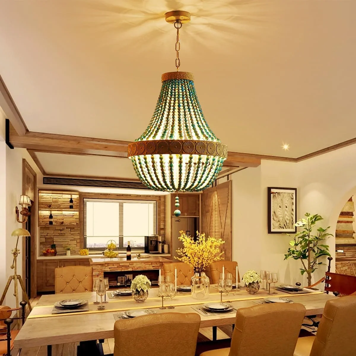 Boho Blue Wooden Beads Chandelier Living Lighting French Bedroom Wood Bead Chandeliers Hanging Light Vintage Dining Room Lamps
