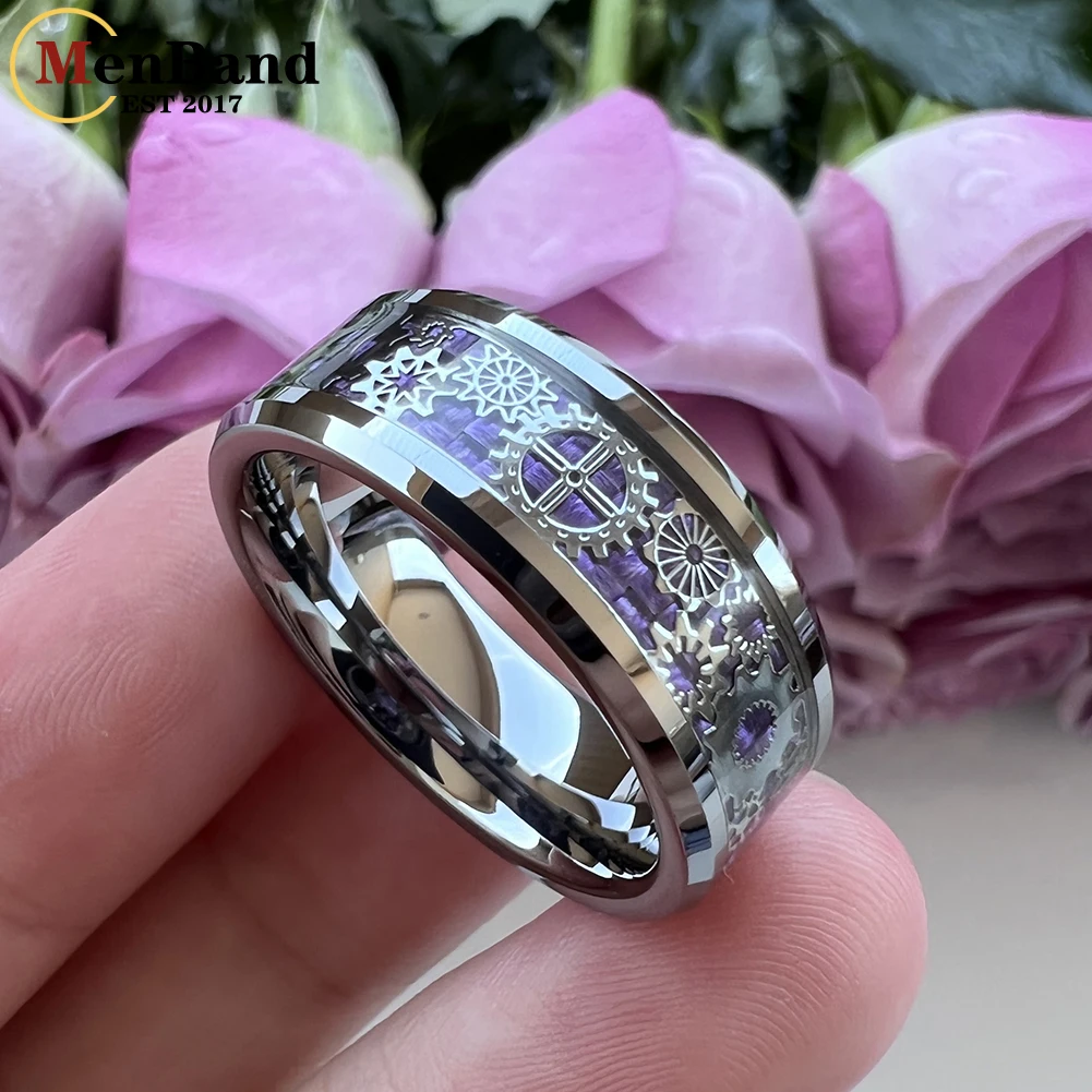 Unique 8mm Tungsten Carbide Rings Wedding Band Gear Wheel Blue Carbon Fiber Inlay Fashion Jewelry Comfort Fit