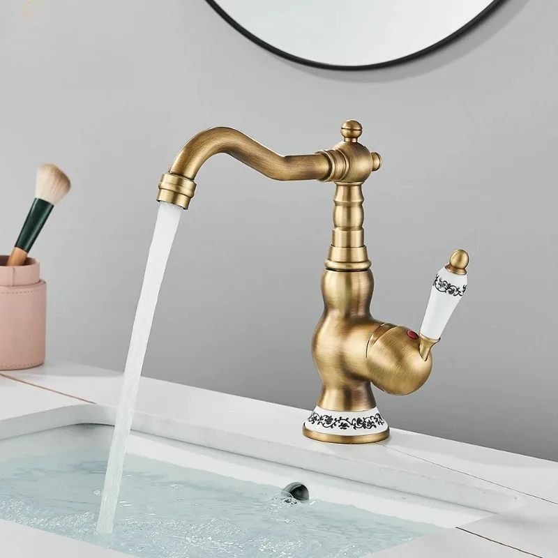 

Antique Brass Bathroom Faucet Rotating Spout Basin Sink Mixer Tap Bathroom Kitchen Washing Faucet Washbasin Taps Kitchen Mixers