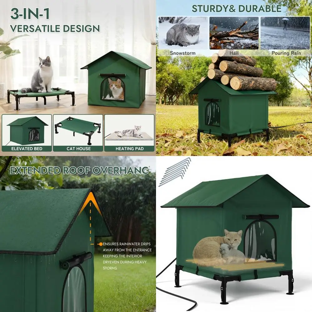 

All-Weather Insulated Cat House with Heater, 3-in-1 Design, 25.5x16.5x18.9 inches for Outdoor Cats