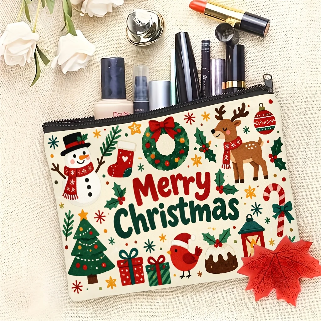 Christmas Cosmetic Bag Snowman Reindeer Xmas Tree Wreath Print Zipper Makeup Pouch Portable Storage Bag for Women