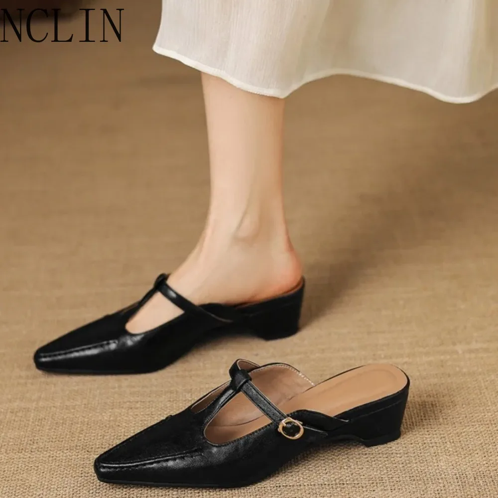 2026 New French Style Black Slingback Mules Women Pointed Toe Block Heel T-Strap Buckle Elegant Summer Shoes (Black)