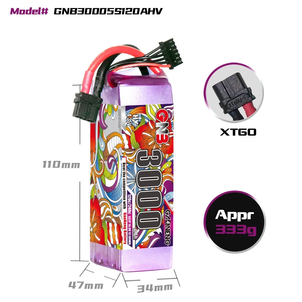 بطارية ليثيوم GAONENG GNB LiHV 5S 19V 3000mAh 120C مع موصل XT60، مناسبة لطائرات بدون طيار FPV وكوادكوبتر.