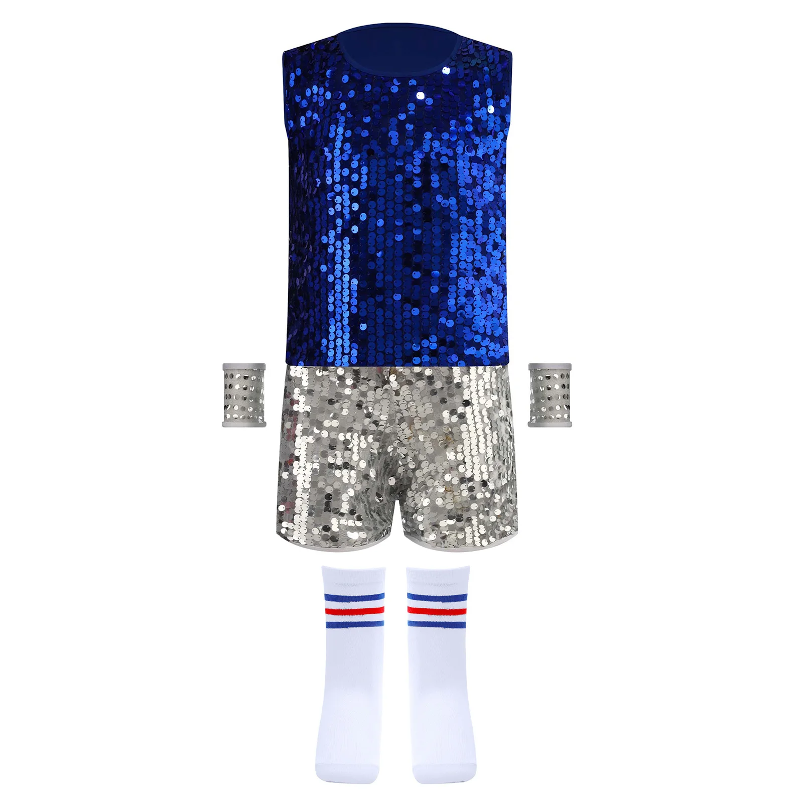 

Kids Boys Girls Jazz Dance Outfits Sparkling Sequin Tank Top+Shorts Socks+Cuffs for Hip-Hop Cheerleading Dance Stage Performance