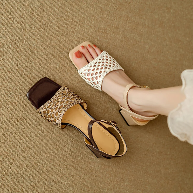 

Retro new open toed sandals with 2 heads, thick high heels, hand woven straight strap, fashionable women's sandals