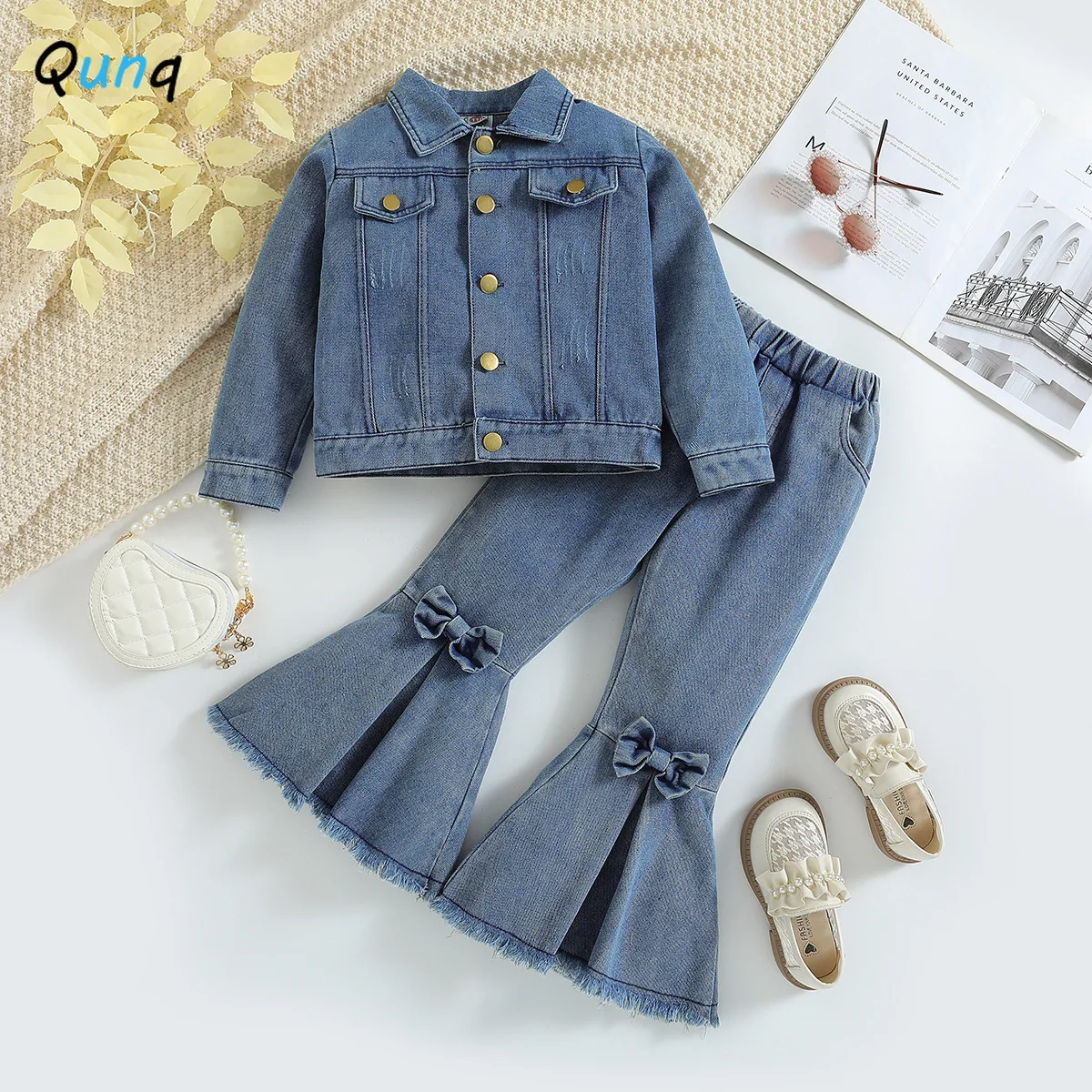 Qunq 2023 Autumn Girls Fashion Long-sleeved Single-breasted Denim Coat + Bell-bottoms 2 Pieces Set Casual Kids Clothes Age 3T-8T