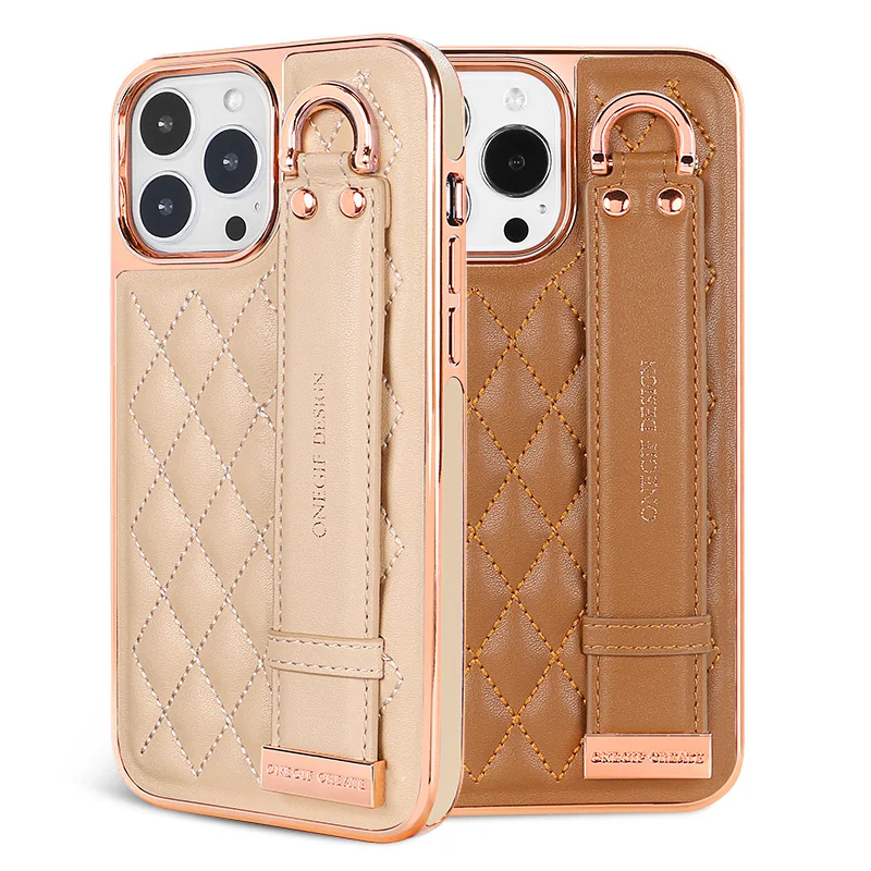For iPhone 16 15 14 13 12 Pro Max Case Matte Embossed Grid Leather Hand Strap Belt Stand Leather Covered On The Edges Cover - Image 2