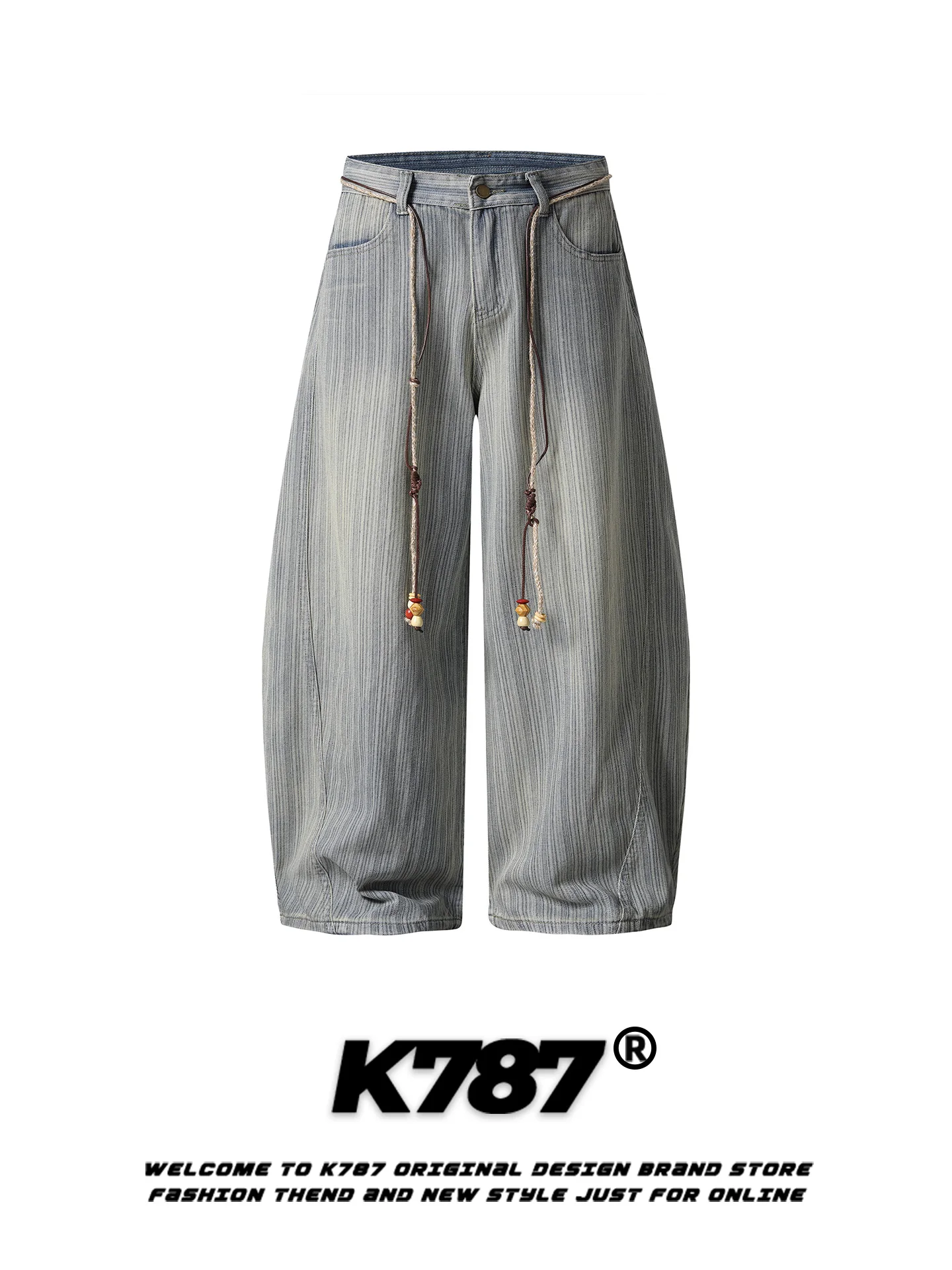 

K787 American Style Street Loose Casual Jeans Men Women High Waist Straight Leg Pants Bamboo Texture Belted Knife