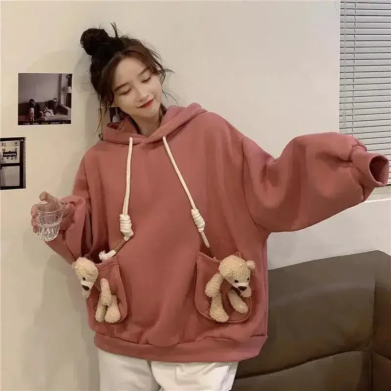 Streetwear felpe con cappuccio donna felpa autunno felpe con cappuccio manica lunga Harajuku felpa con cappuccio Cute Pocket bear felpa donna Sudadera Mujer