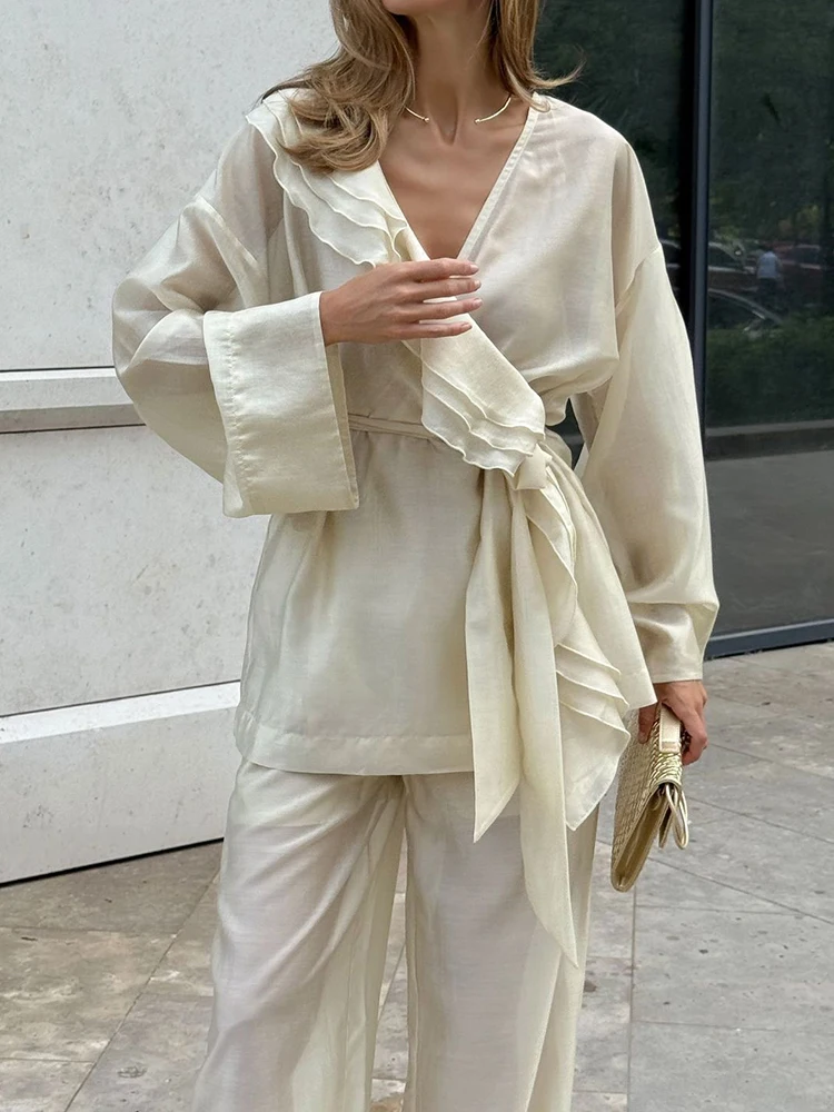 Simple Solid Color Loose Autumn Suit V Neck Lace Up Long Sleeved Top with Pants Women's 2pc Sets Ruffle Design Vacation Outfits