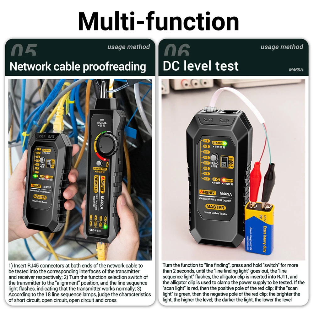 M469A Smart Network Cable Tester RJ45 RJ11 LAN Cable Tester Receiver Networking Tool Anti-interference Network Repair Wire Track