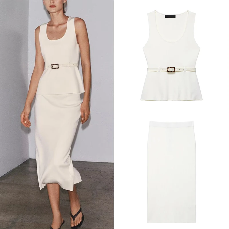 

2025 Summer New Women's Knitted Midi Dress with Belt 4192062 Knitted Midi Skirt 4192063 Fashionable Two-Piece Set Polyester F...