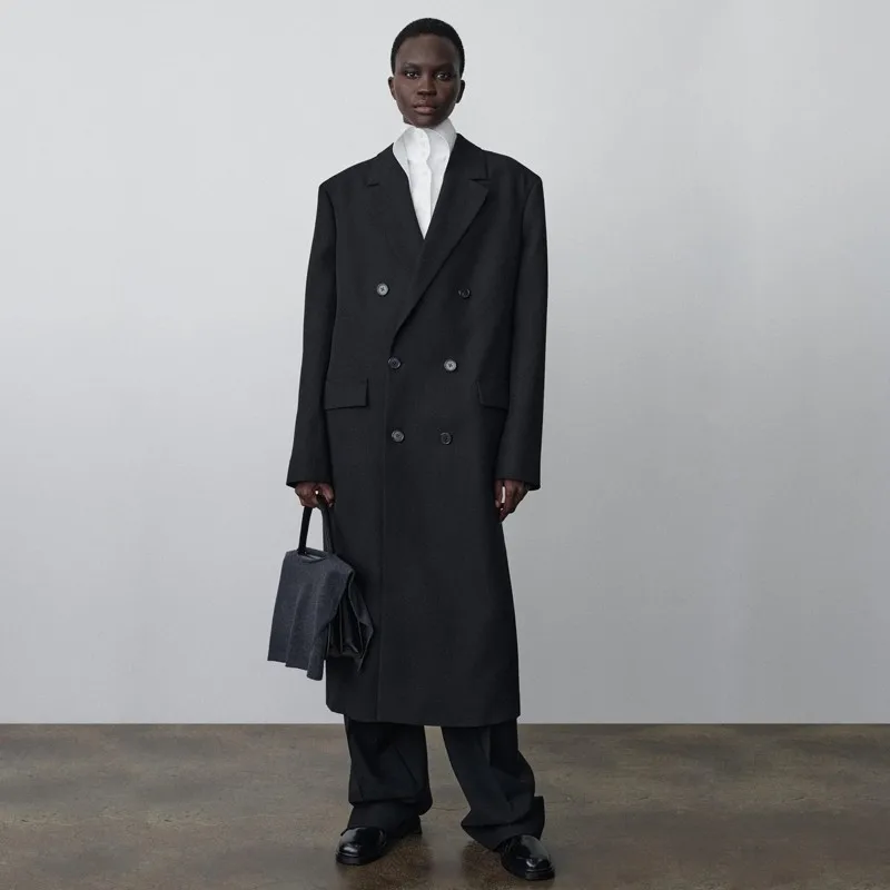 Кашемировое пальто женское, новинка 2023 года, осень и зима, утепленное длинное шерстяное пальто с разрезом сзади, полушерстяное пальто, куртка черного цвета, бренд Кашемировое пальто женское, новинка 2023 года, осень и зима, утепленное длинное шерстяное пальто с разрезом сзади, полушерстяное пальто, куртка черного цвета, бренд