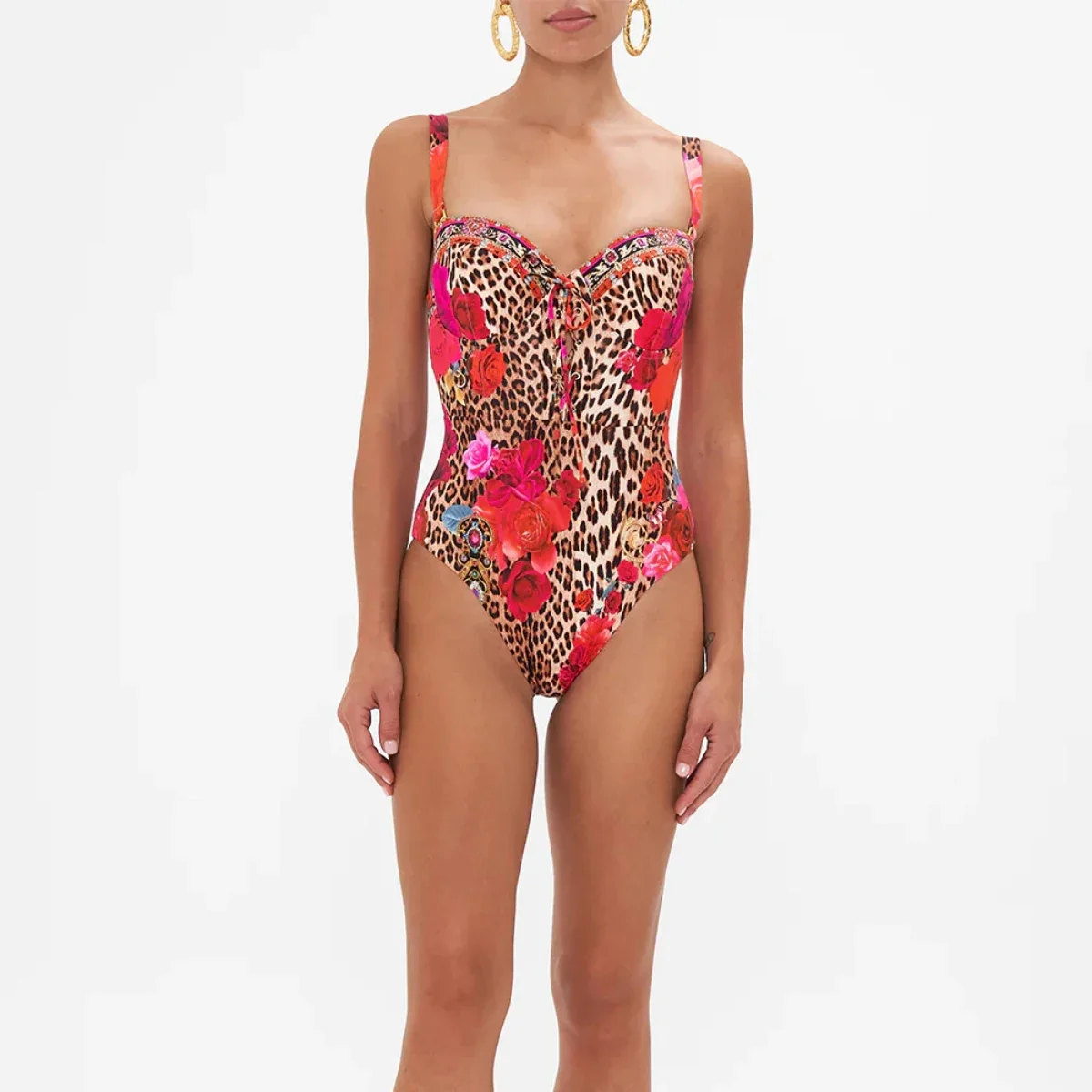 Traje de baño con estampado Floral de leopardo y cubierta, traje de baño Sexy de realce para mujer, trajes de baño con hombros descubiertos, traje de baño, ropa de playa