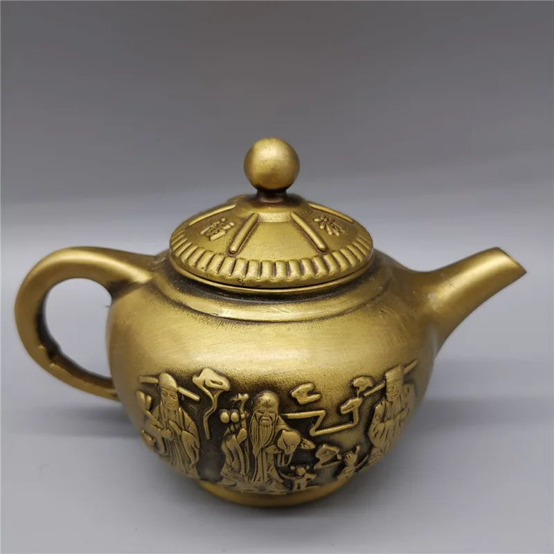 Antique Wholesale Amitation Antique Copper Crafts Yellow Copper pot Fu Lu Shou Small Paper pot Teapot Line pot Xuande Year Made