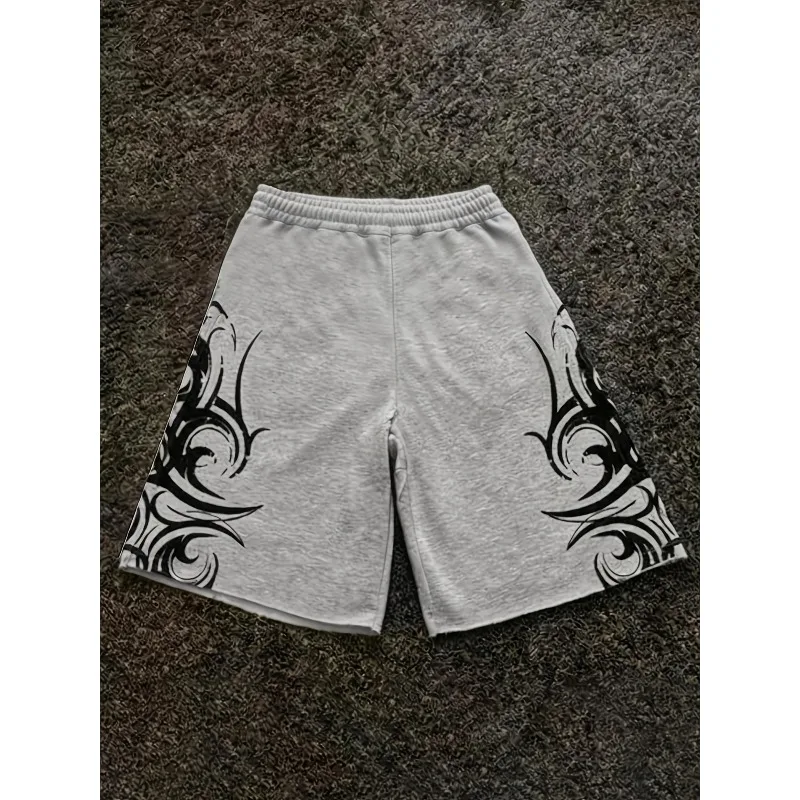 Hellgraue Y2K Retro-Shorts mit Dornenmuster – lockere 1/5-Shorts im Retro-Subkultur-Streetwear-Stil mit Kordelzug in der Taille – Detail 5