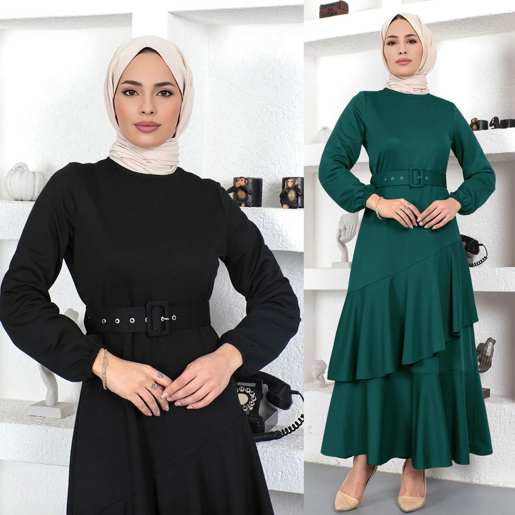 Middle East Women's Muslim Elegant Long Dress Double-layer Ruffle Edge Waist Solid Color Knitted Dress Cw11482