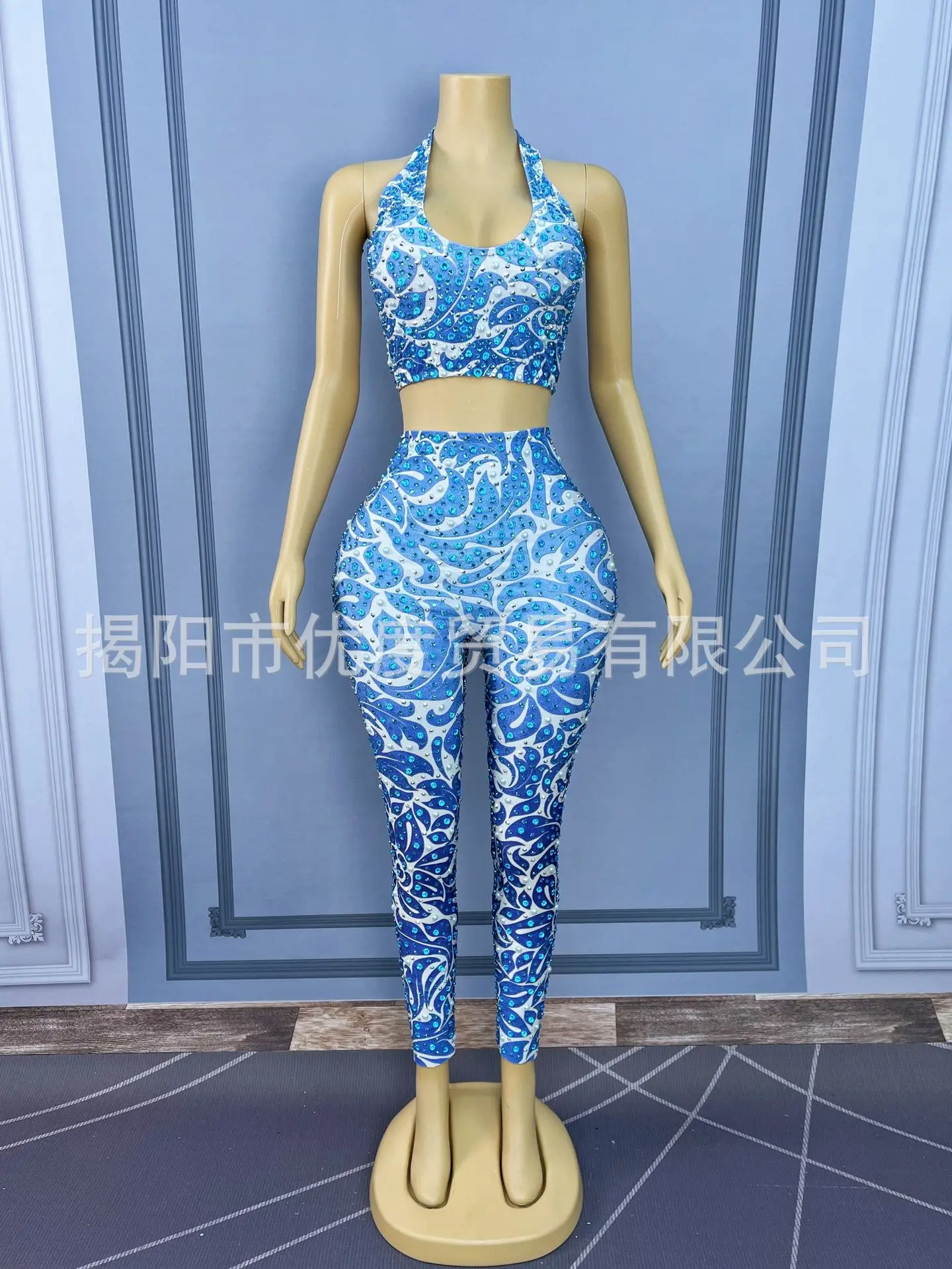 الأزرق حجر الراين سترة السراويل قطعتين مرونة اليوغا البدلة مرحلة الأداء دعوى ليلة حزب زي الأزرق لهب زهرة شبكة فساتين #4