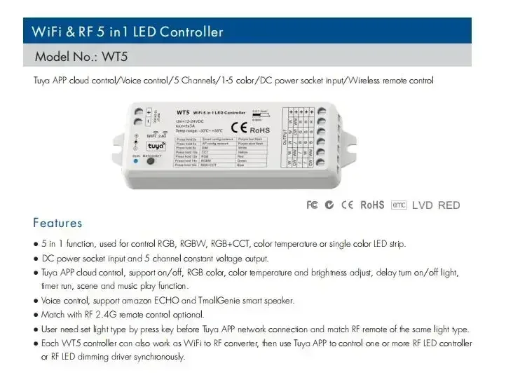 WT5 Tuya Wifi 5 in 1 Smart RGBCCT Led Controller RGB CCT RGBW RGBWW LED Strip Light Touch Panel 2.4G RF Wifi Controller