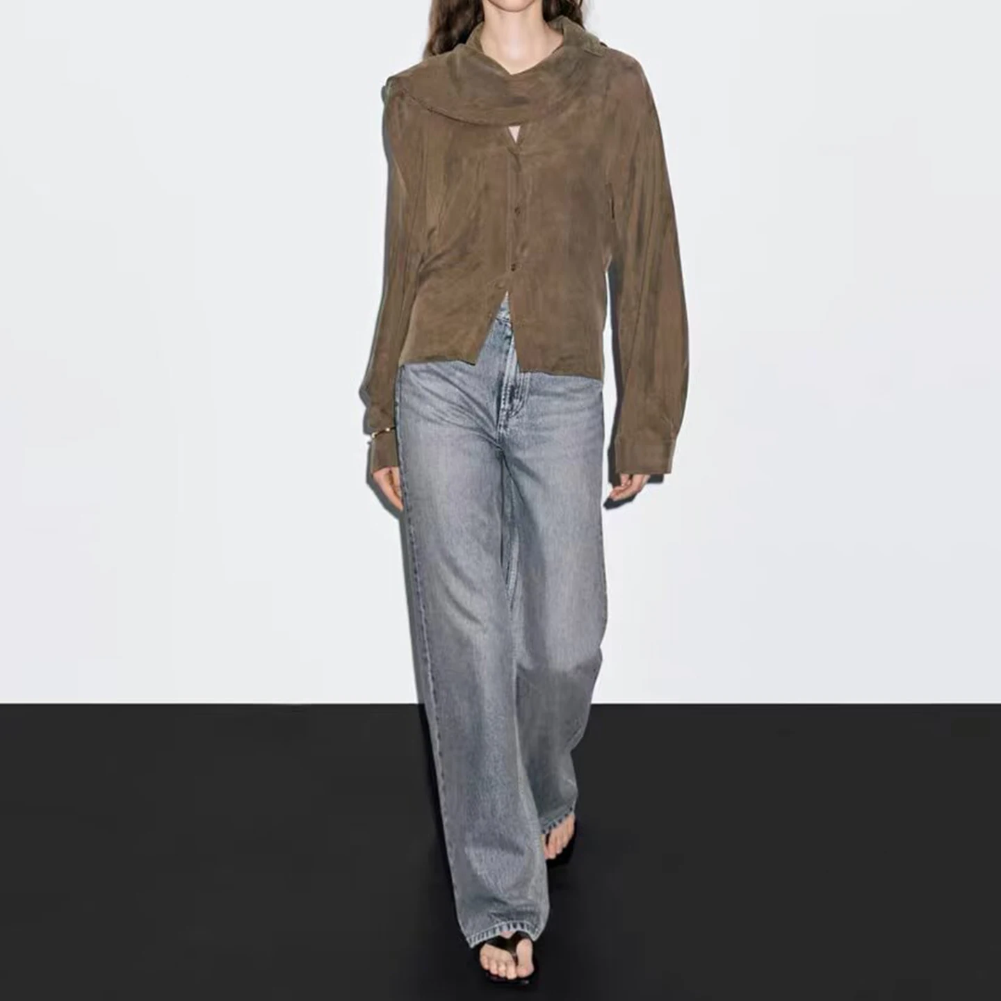 Z 2025 Herbst Neue frauen Lange Sve Schal Kragen Casual Sle irt Bequeme Regelmäßige Dünne Andere Material 00%