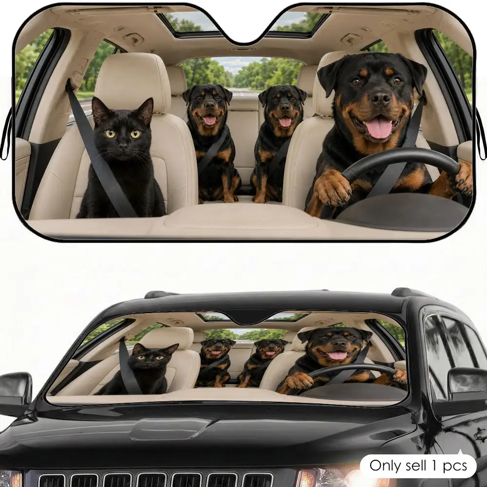 

Black Cat and Rottweiler Sun Visor Car Windshield Sunshade UV Protection Reflective Foldable Heat Insulation Cover