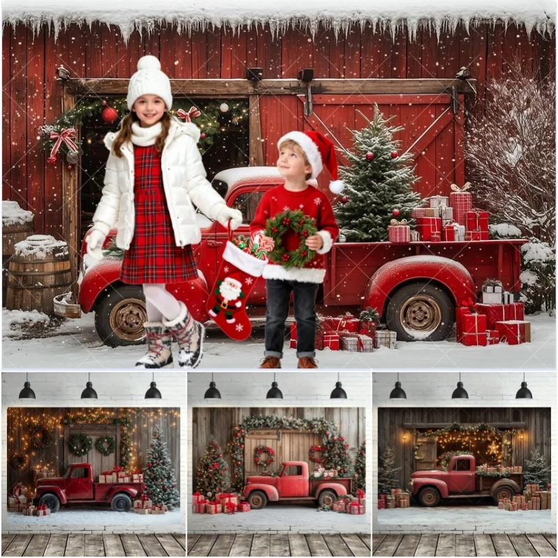 Weihnachten Roter LKW Fotografie Hintergrund Weihnachtsbaum Geschenke Holzbrett Wanddekoration Familie Kinder Porträt Fotostudio Requisiten