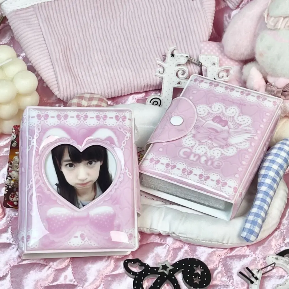 Pink Love Bow Card Album 3 Inch Mini with 16 Internal Pages Photocard Binder Collectible Card Album PVC Idol Card Collect Book