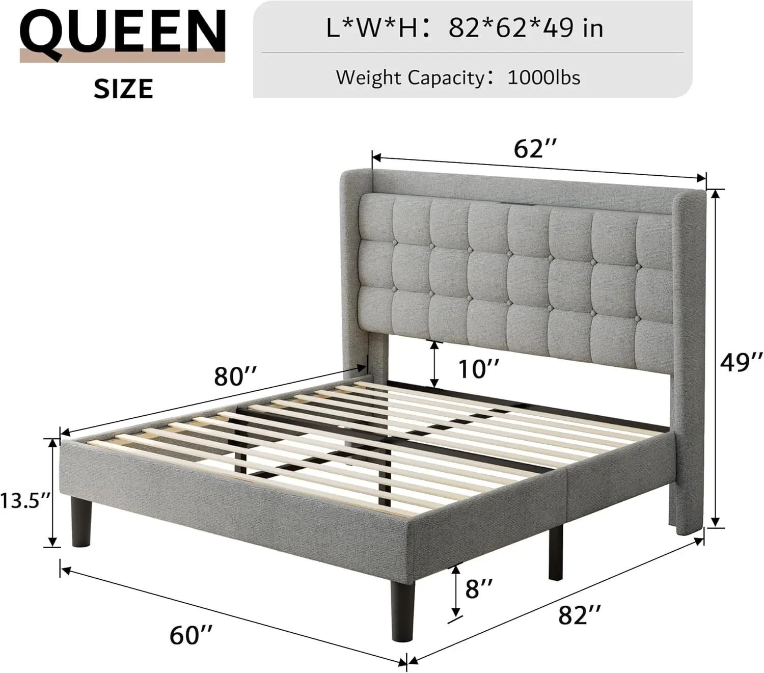 Upholstered Platform Bed with Button Tufted Wingback Headboard, Heavy-Duty Foundation, No Box Spring Needed, Light Grey