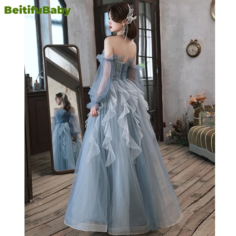 BeitifuBaby Women's Wedding Evening Party Dresses Off The Shoulder Lace-up Long-sleeved Banquet Gown Dress for Women Vestidos