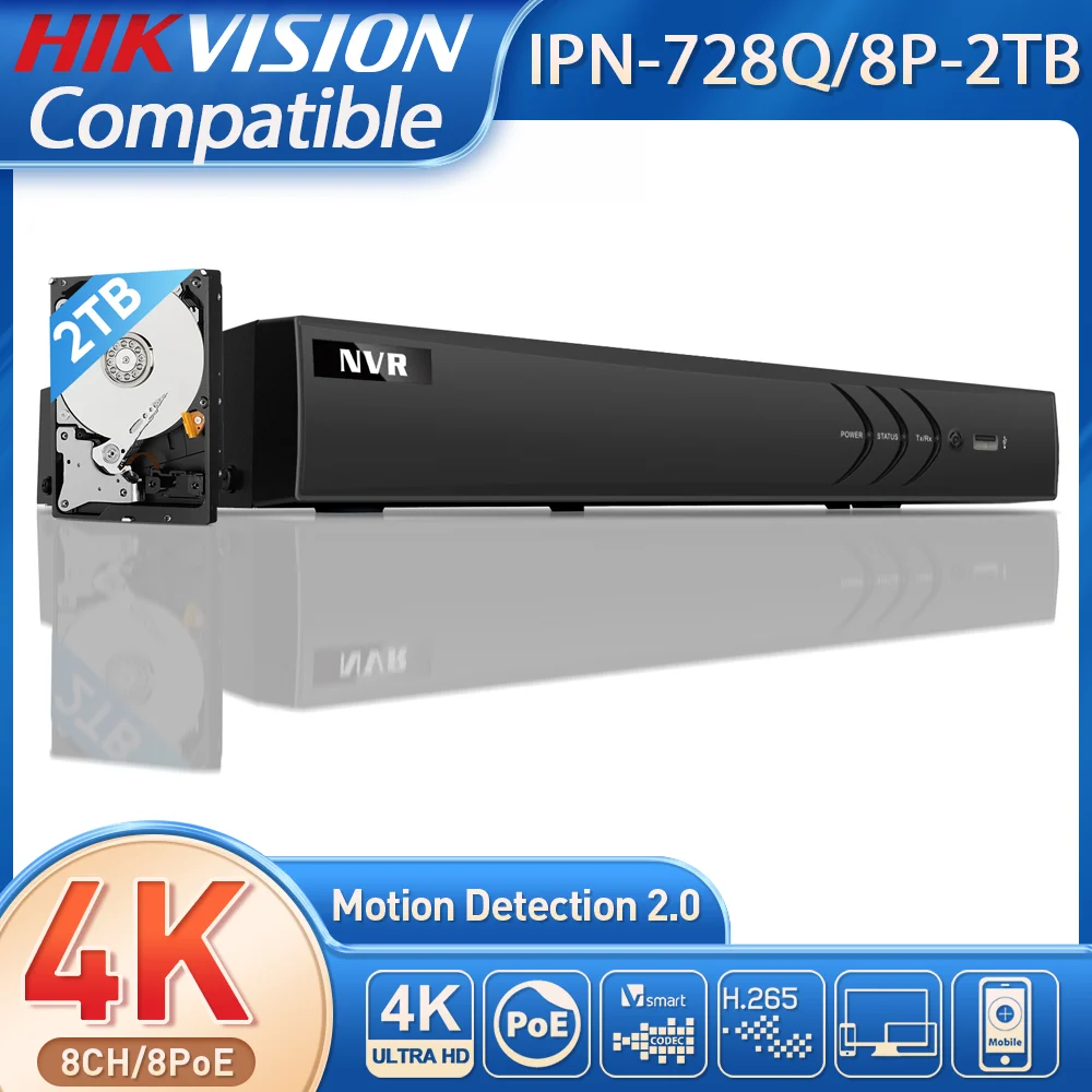 4K 8CH POE NVR (1080p/3MP/4MP/5MP/8MP) POE Network Video Recorder Pre-Installed 2TB Hard Drive AI Human/Vehicle Detection Home B