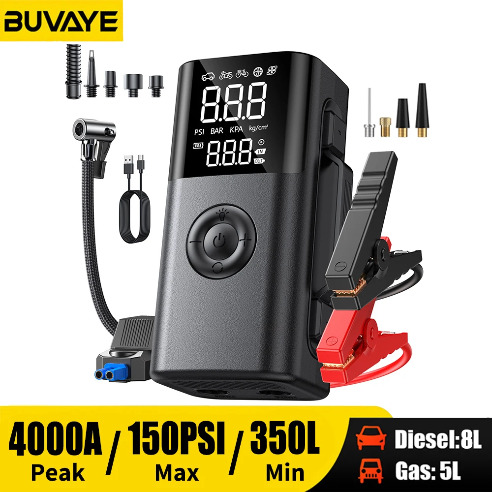 BUVAYE Car Jump Starter Air Compressor with Power Bank Portable Battery Booster Electric Air Pump Motorcycle Bike Tire Inflator