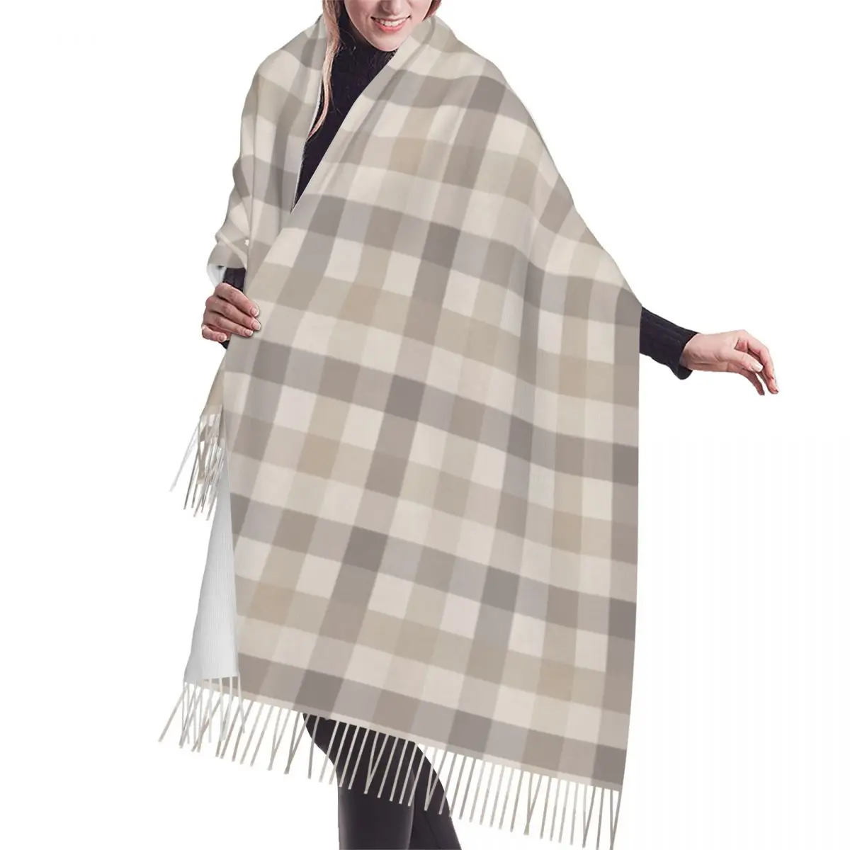 French Toile De Jouy Checkered Colorful Khaki Grey White Scarf Wrap for Women Winter Warm Tassel Shawl Traditional Art Scarves