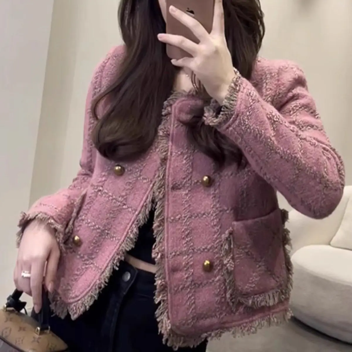 

Round Neck Tassel Pink Small Fragrance Casual Coat Fashion White Korea Long Sleeve Wild French Tweed Short Jacket Women E2950