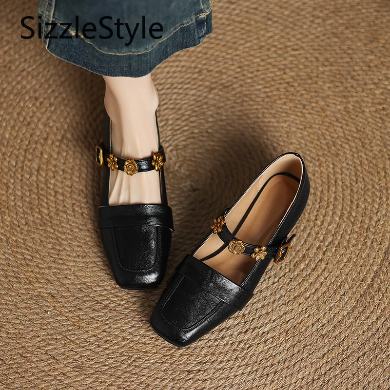 حذاء نسائي عصري بمقدمة مربعة وقصة ضحلة وحزام بإبزيم وديكور مريح بكعب منخفض حذاء ماري جين #5