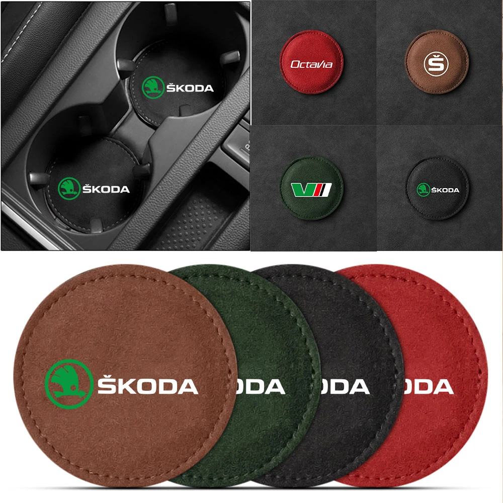 2Pc Car Fur Water Coaster Pad Anti-Slip Cushion Drink Mat For Skoda S Skoda Kodiaq Fabia Kamiq Karoq Octavia 3 A5 A7 Rapid Scala