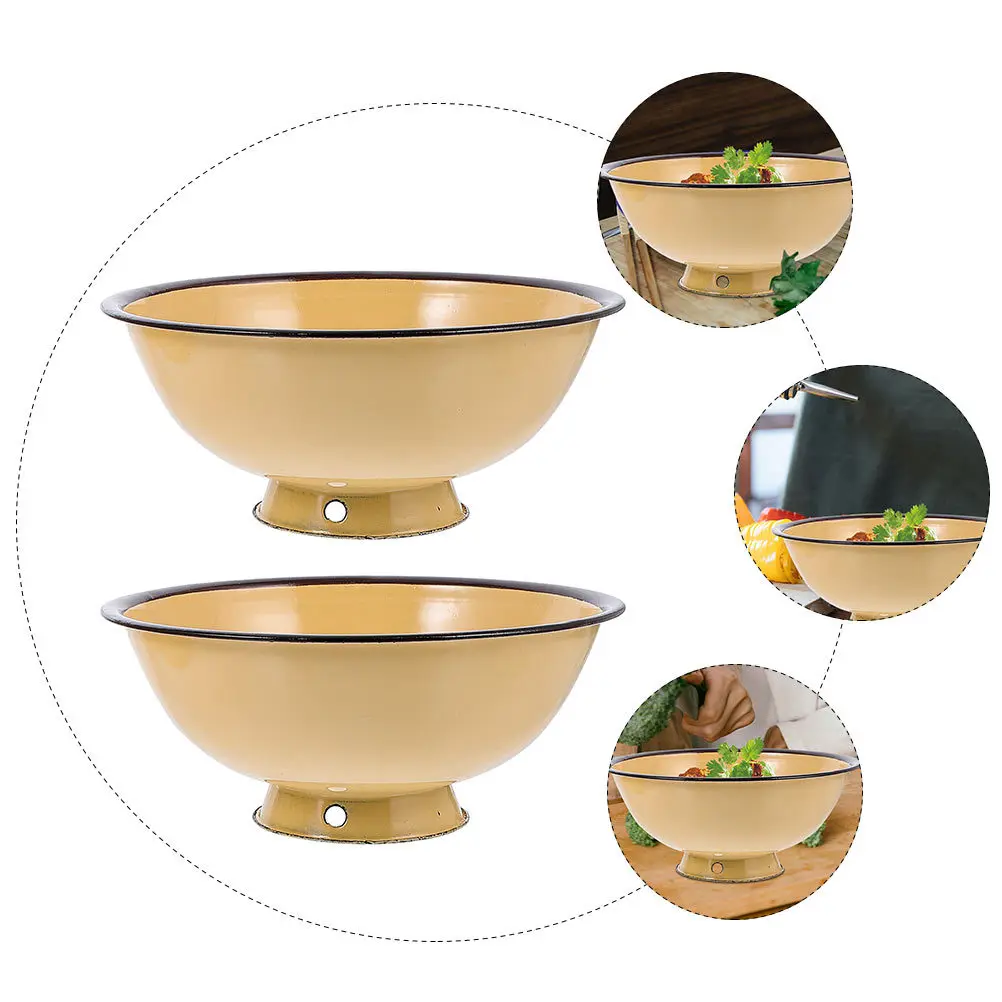 

2pcs Enamel Rice Bowl Vintage Style Sturdy Wear-Resistant Kitchen Tableware For Soup Noodle Salad Food Storage Bowl