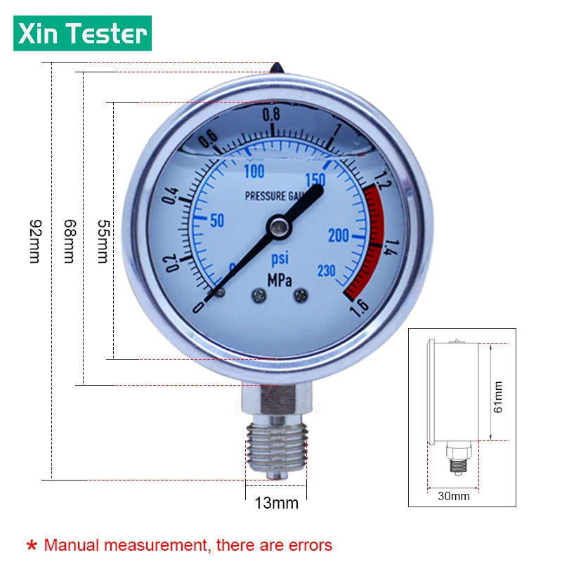 Imagem -03 - Xin-radial Manômetro de Manômetro de Água Óleo Hidráulico Hidráulico do ar Calibre para Casa 060mpa 0-60mpa Aço Inoxidável