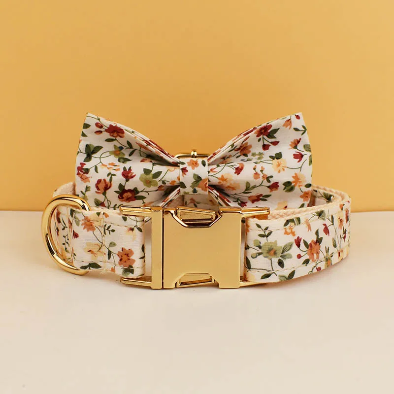 Collar de algodón suave con flores para perro, conjunto de correa personalizado, de lujo, con lazo, flower04