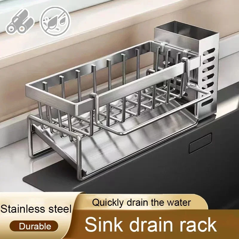 Multifunctional Stainless Steel Kitchen Sink Caddy Drain Storage Rack for Sponge Cleanser Dishcloth Rag Organizer Hanger, Random